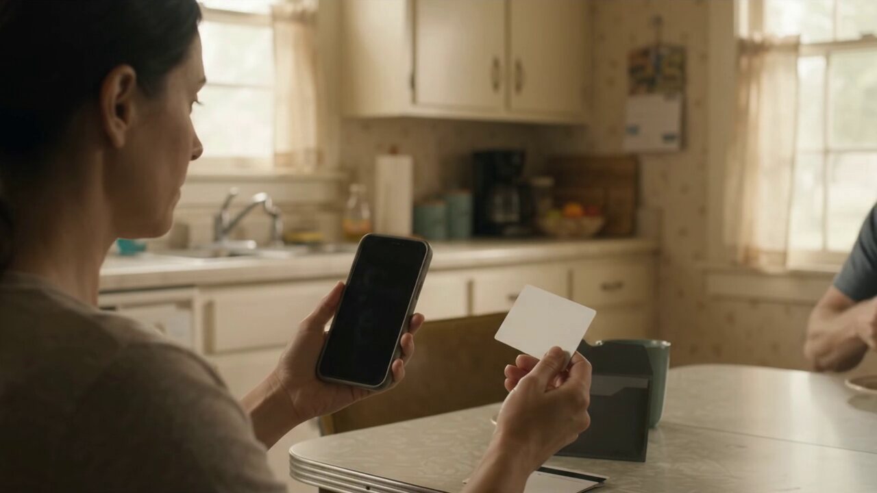 A person securely opening a generic phone at a kitchen table with no readable data